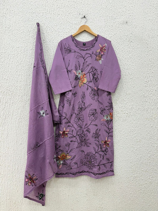 Lavender Floral Embroidered 3-Piece Kurta Set