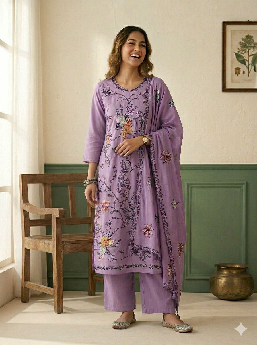 Lavender Floral Embroidered 3-Piece Kurta Set