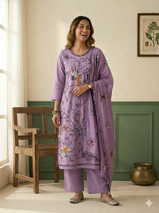 Lavender Floral Embroidered 3-Piece Kurta Set