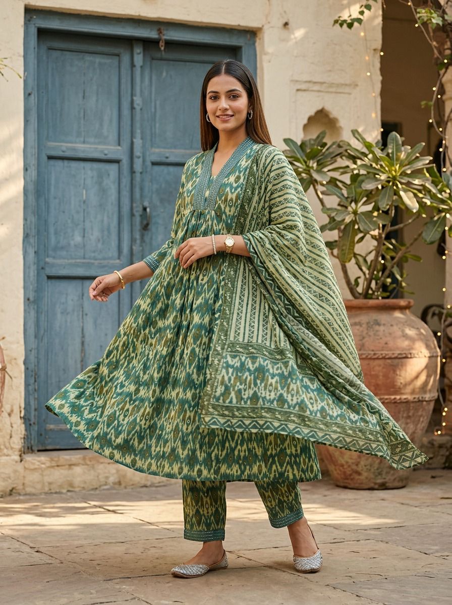 Green Ikat Print Anarkali Set