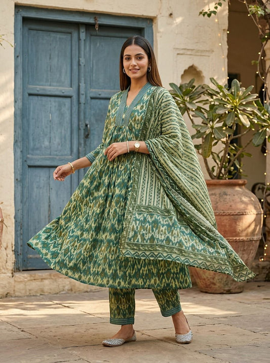 Green Ikat Print Anarkali Set